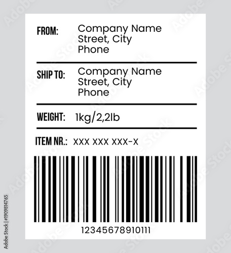 Clean and Modern Shipping Label Design – Barcode and QR Code Layout with Product Name, Logo Placeholder and Shipping Symbols, Logistics and E-Commerce Packaging Label Template, Minimal Professional 