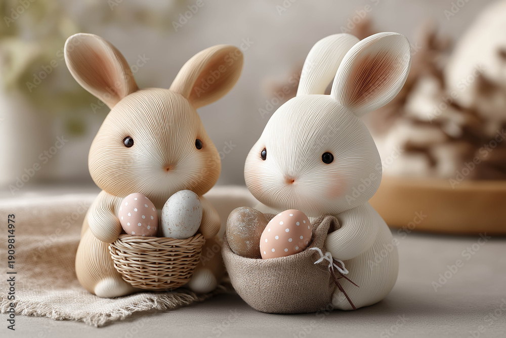 Obraz premium Two ceramic bunnies holding colorful eggs in woven baskets, set against a soft, neutral background with decorative elements and a warm, inviting atmosphere
