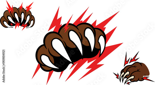 Vector cartoon bear paw with sharp claws and red lightning strike, aggressive animal attack illustration isolated on white