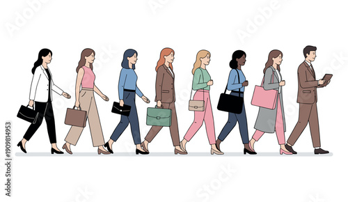 Set of diverse business professionals walking to work with bags and briefcases flat vector illustration