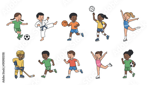 Set of diverse children playing various sports including soccer basketball karate ice skating and hockey flat vector illustration