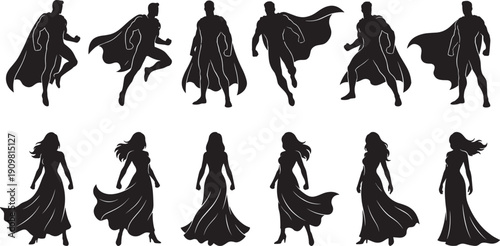 Superhero silhouettes with flowing cape set, male and female comic characters isolated on white background