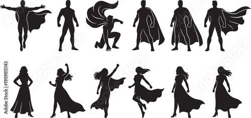 Superhero silhouette collection set, male and female comic hero figures with cape isolated on white