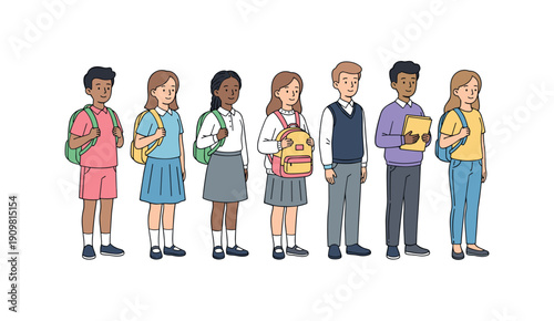 Set of diverse students with backpacks and school uniforms walking to class flat vector illustration