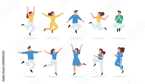 Set of happy people jumping in the air and celebrating victory flat vector illustration