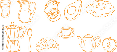Hand drawn doodle style vector illustration of breakfast food and drinks including coffee, bread, eggs, fruits, and snacks, perfect for menus, cafes, posters, and food branding.