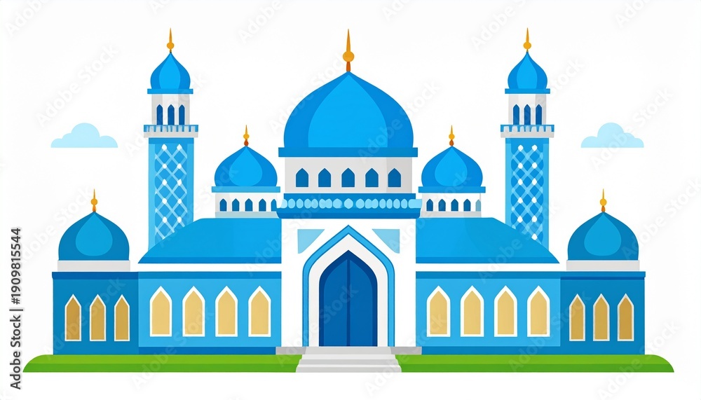 Fototapeta premium Islamic mosque with blue domes and minarets vector illustration architecture design
