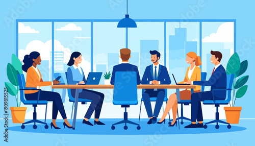 Diverse professionals collaborating in a modern office with laptops and cityscape view