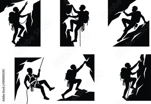 Rock climber silhouette collection, mountaineering adventure set, extreme sport climbing poses, outdoor challenge, determination, strength and exploration concept illustration