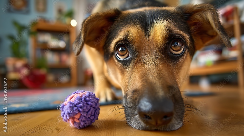 Obraz premium Cute brown and black dog looking at purple yarn ball on wooden floor in cozy home interior