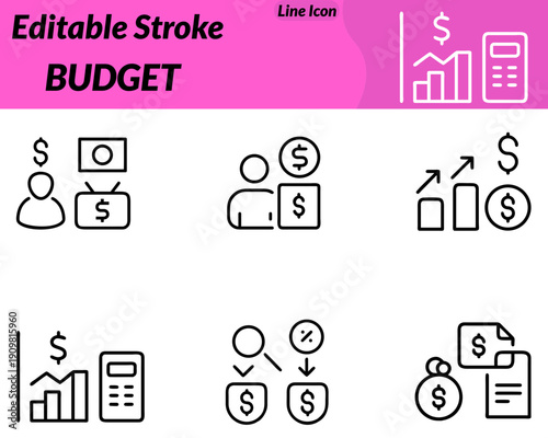 A modern budget icon featuring a wallet calculator or clipboard with currency symbols. Representing financial planning expense tracking cost control and money management. Designed with clean lines.