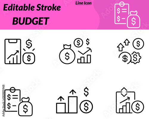 A modern budget icon featuring a wallet calculator or clipboard with currency symbols. Representing financial planning expense tracking cost control and money management. Designed with clean lines.