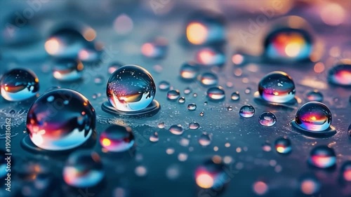Close-up video of water droplets on a dark surface reflecting colorful sunset lights