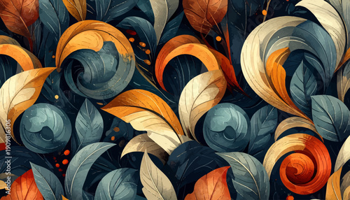 Vibrant leaves and swirling patterns in a colorful abstract illustration from a close-up viewpoint