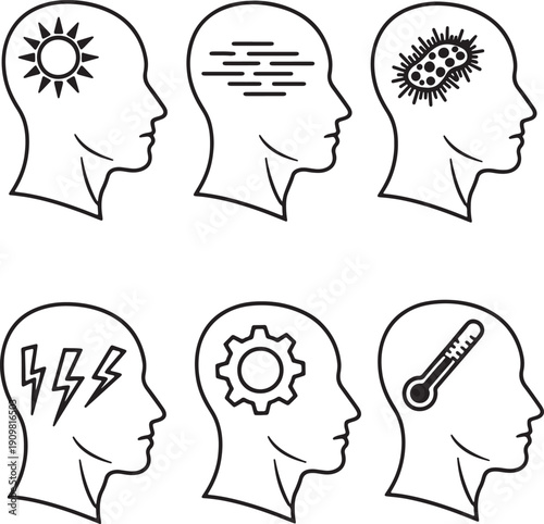 Six human head profiles each with a different symbol inside representing thoughts or conditions sun lightning bolt bacteria gear thermometer and horizontal lines also transparent background