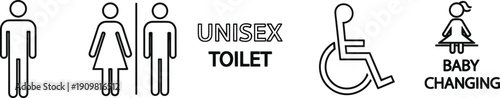 Public, restroom, icons, set, featuring, men, women, unisex, accessible, handicap, baby, changing, station, shower, toilet, tissue, recycle, bin, signage, symbols.