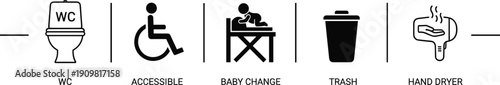 Public, restroom, icons, set, featuring, male, female, gender, neutral, handicap, disability, accessible, baby, changing, station, nursery, signage, symbols, for, inclusive, facilities.