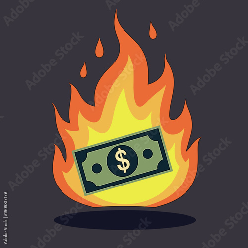 burning dollar banknote in orange fire on dark background