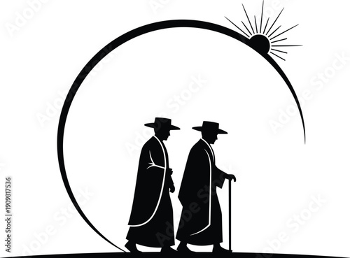 Two Men Wearing Traditional Hats and Robes Walking Silhouette Vector with Rising Sun and Large Circle Arch, Conceptual Minimalist Art for Spiritual Journey