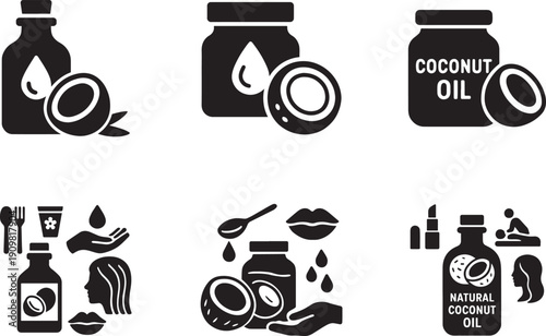 Coconut oil icon set. Solid, filled vector icons for cooking, hair, skin, makeup, and natural uses.