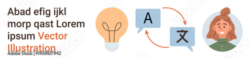 Communication, translation tools, ideas sharing, language learning, creativity, global exchange. Lightbulb, arrows text bubbles language symbols a woman. Communication and translation tools