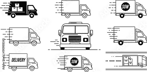 Fast delivery truck illustration set, courier service graphics, logistics transport icons, express shipping silhouettes, cargo distribution motion design collection