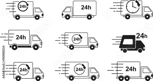 24 hour delivery truck icon set, fast shipping silhouettes, courier service graphics, logistics transport symbols, express cargo distribution illustrations