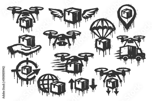 Graffiti style delivery icons: drone, parachute, truck, package.
