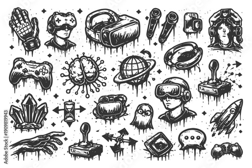 Retro black and white vr and gaming icons collection.