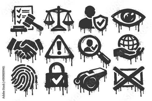 Grunge law and security icons: scales, gavel, fingerprint, shield, magnifying glass, lock, eye.