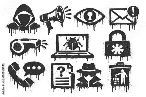 Black and white cybersecurity icons: hacker, megaphone, eye, envelope, lock, computer bug, trash bin.