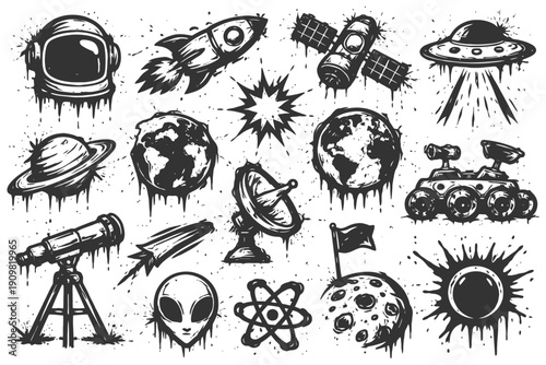 Space exploration icons: astronaut, rocket, satellite, ufo, alien, telescope.