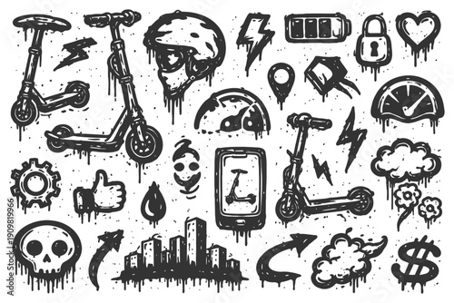 Urban graffiti style electric scooter icons with helmet and urban elements.