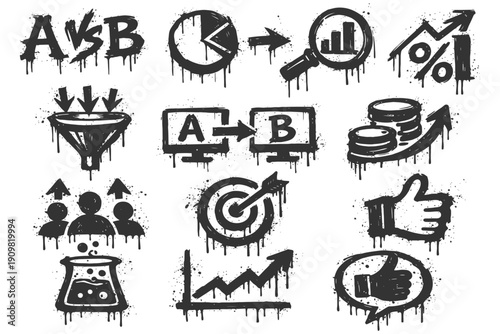 Graffiti-style business icons: analytics, growth, and marketing symbols.