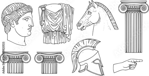 Black and white line art of ancient greek statue head, horse, clothing, columns, helmet, and hand with pointing finger isolated on white background

