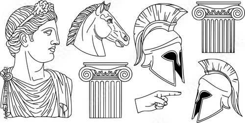 Black and white line art of ancient greek statue head, horse, clothing, columns, helmet, and hand with pointing finger isolated on white background
