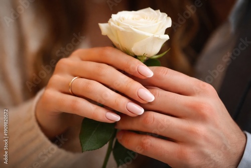woman's and man's  hands holding white rose