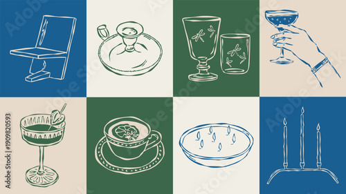 Dolce Vita sketch style vector illustration collection. Home decor, food, and beverage doodles. Art for postcards, print posters, packaging design.