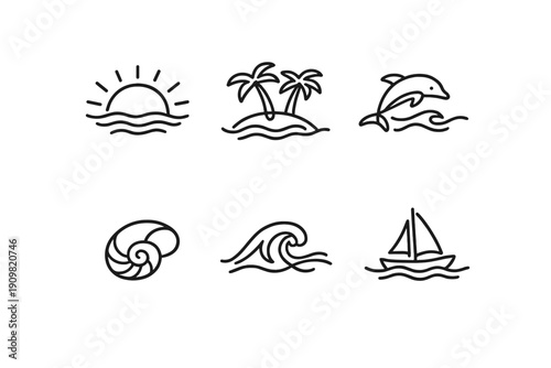A collection of six minimalist black line art icons featuring a sunset, palm trees on an island, a jumping dolphin, a seashell, a large ocean wave, and a sailboat on the water.