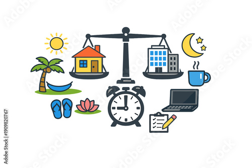 A flat vector illustration showing a scale balancing a house and an office building, surrounded by icons representing leisure, work, and time management on a black background.