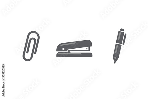 Three gray office supply icons including a paperclip, a stapler, and a ballpoint pen are arranged horizontally against a solid black background in a minimalist style.
