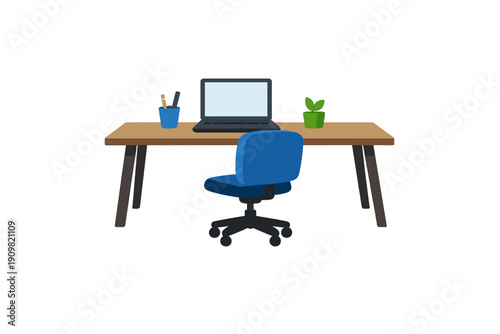 An illustration of a wooden desk with a laptop, a blue office chair, a pen holder, and a small potted plant against a black background. Perfect for remote work or study concepts.
