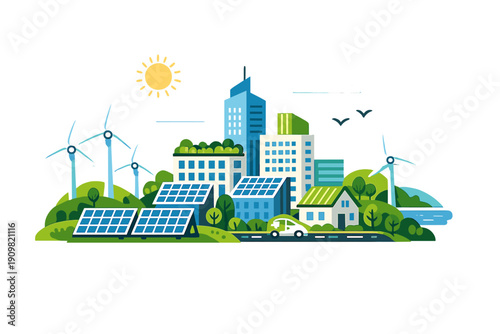 A flat vector illustration of a sustainable city featuring wind turbines, solar panels, green buildings with roof gardens, and an electric car under a bright sun and clouds.
