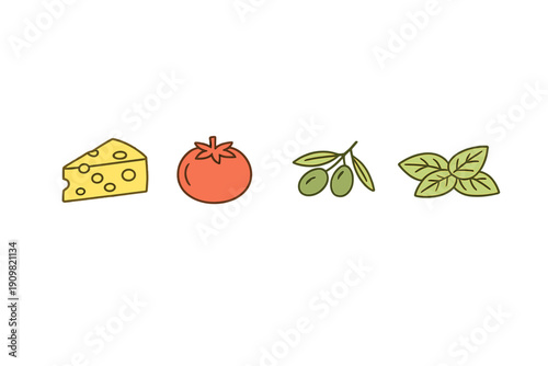 A flat illustration featuring four food ingredients: a wedge of yellow cheese, a red tomato, green olives on a branch, and fresh basil leaves, all set against a black background.