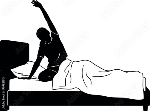 Morning wake up silhouette illustration, person stretching in bed vector graphic, daily routine lifestyle concept, healthy awakening isolated on light background