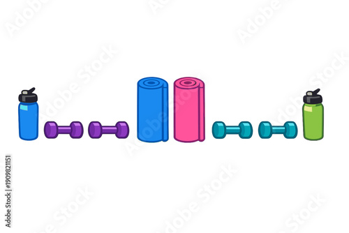 This illustration features various workout gear such as purple and teal dumbbells, blue and pink rolled yoga mats, and water bottles, all neatly lined up on a dark black background.
