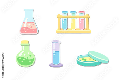 A collection of cartoon laboratory equipment including an Erlenmeyer flask, test tubes in a rack, a round flask, a graduated cylinder, and a petri dish with colorful liquids.
