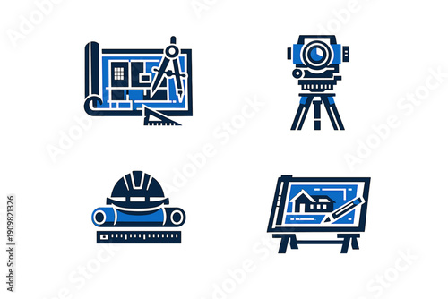 A set of four architectural and construction icons featuring a blueprint with a compass, a surveying total station, a hard hat with a ruler, and a drafting table with a house plan.