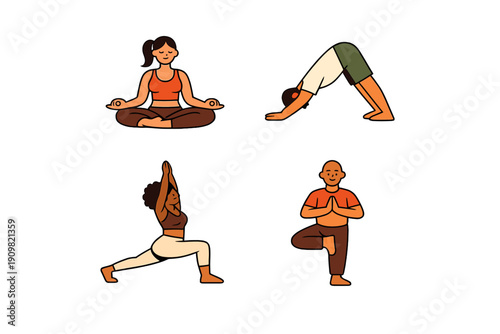 A set of four flat illustrations depicting diverse people practicing various yoga poses, including meditation, downward dog, lunge, and tree pose, set against a black background.