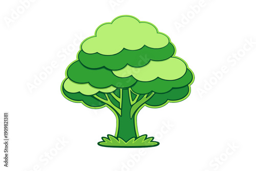 This digital illustration features a stylized green tree with multiple layers of rounded foliage and a sturdy trunk, standing on a small patch of grass against a black background.